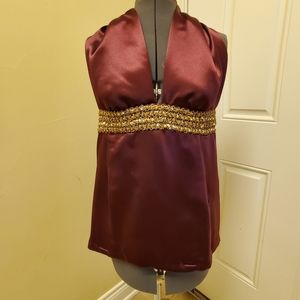 Burgundy Satin Halter with Gold Sequin Waistband